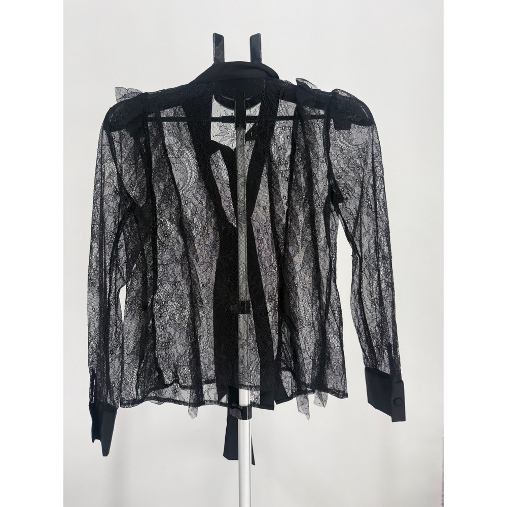 Zara Womens Black Sheer Floral Lace Tie Neck Button Down Blouse Top XS - Picture 3 of 6